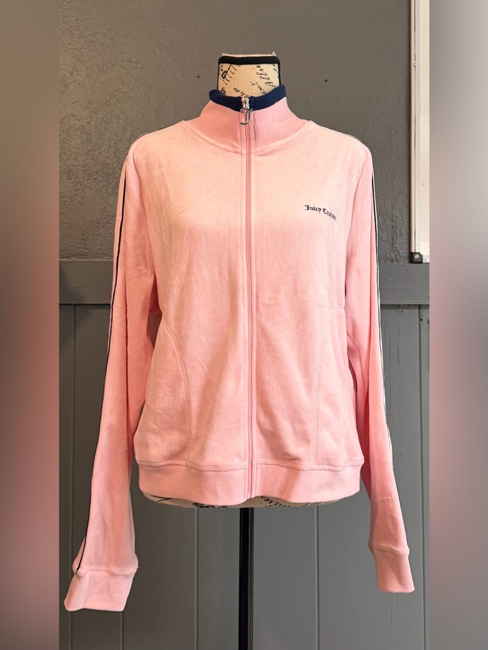 Juicy Couture Pink Velour Zip-Up Track Jacket with Navy Trim